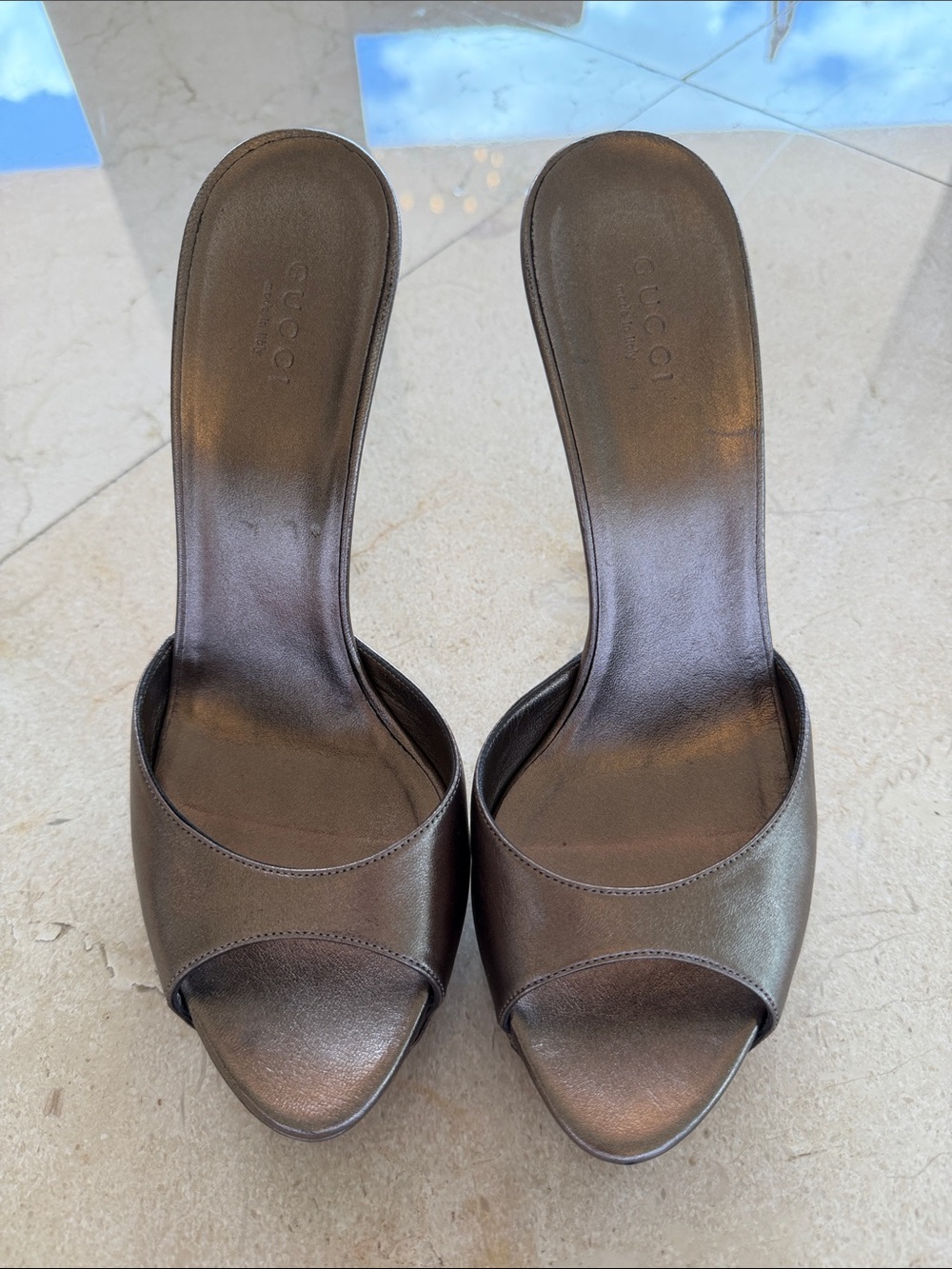 Gucci Metallic Brown Open-Toe Slide Mules